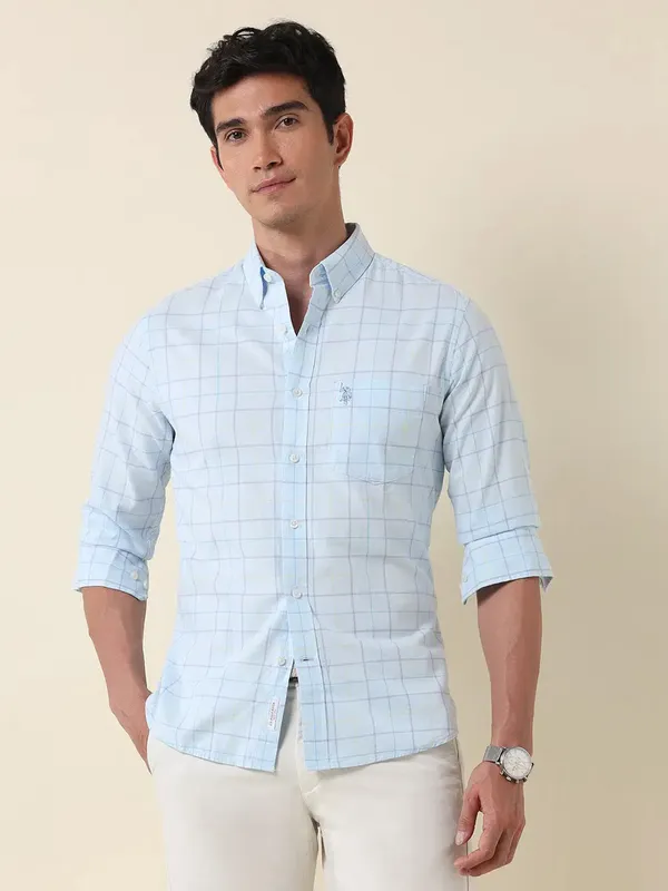 U S POLO sky blue checkered slim fit mens shirt