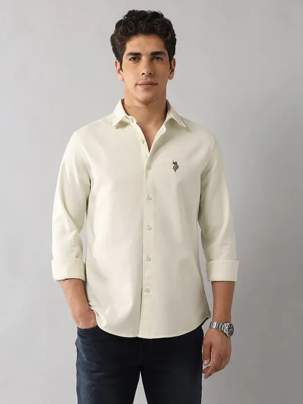 U S POLO solid beige casual slim fit shirt