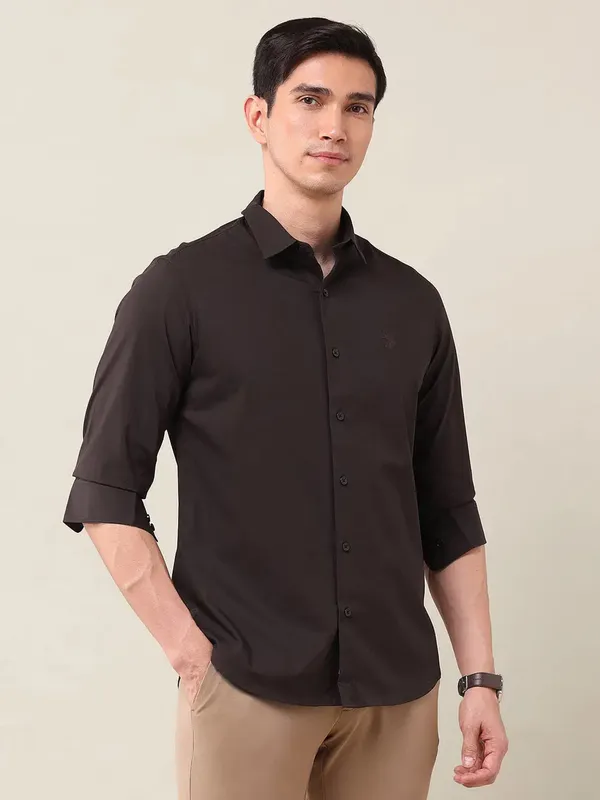 U S POLO solid brown casual wear shirt for men