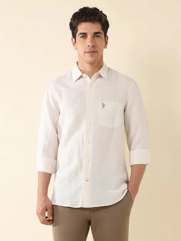 U S POLO solid cream casual wear cotton shirt