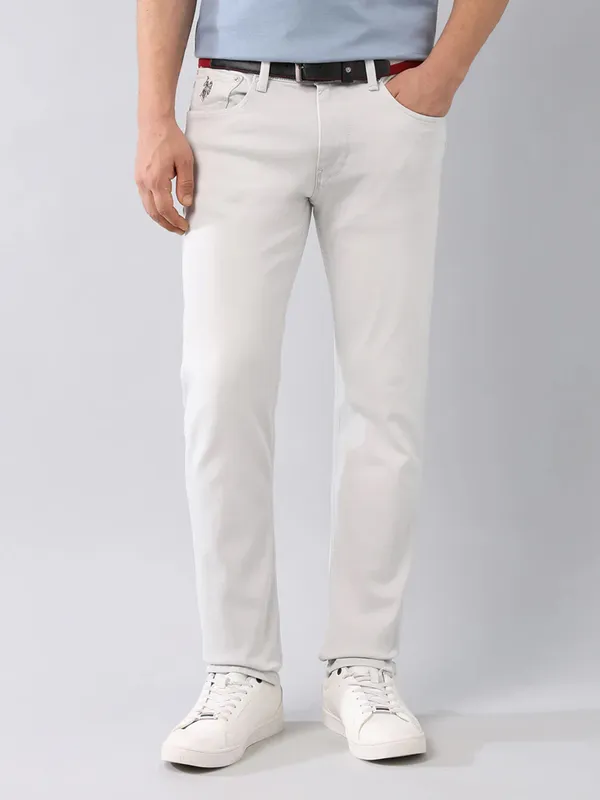 U S POLO solid grey slim tapered fit denim jeans