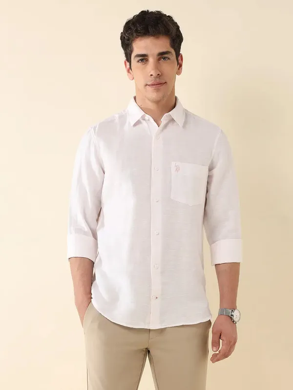 U S POLO solid light pink cotton casual wear shirt