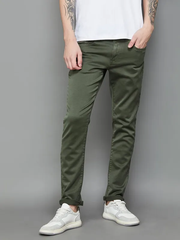 U S POLO solid olive green slim tapered fit denim