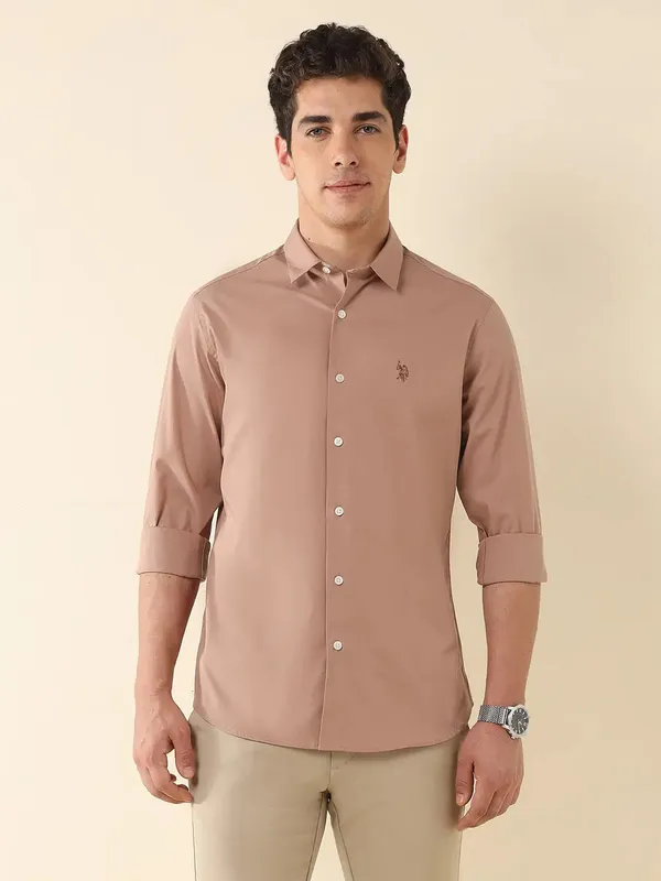 U S POLO solid peach classic casual wear shirt