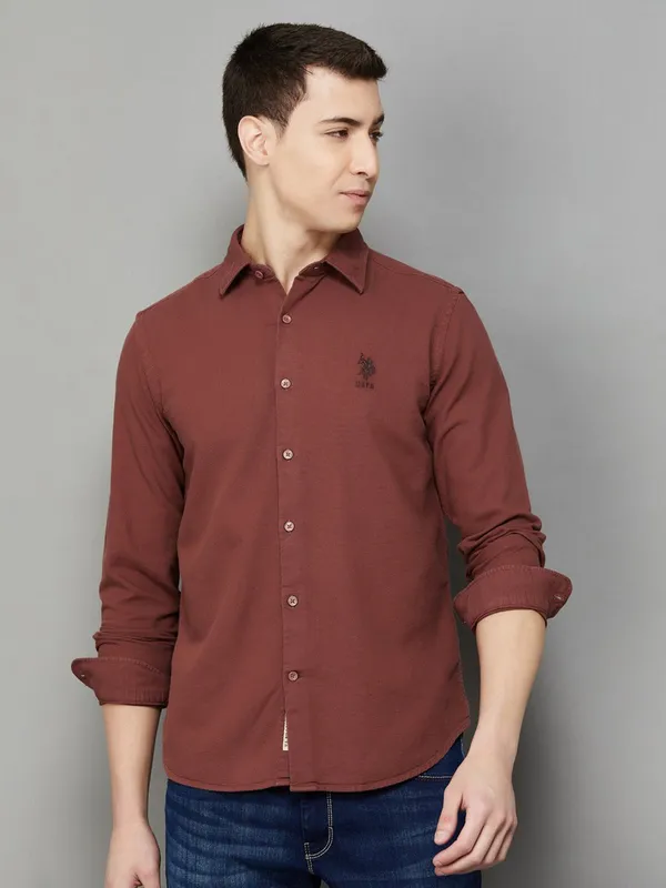 U S POLO solid rust red classic casual shirt