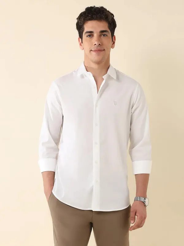 U S POLO solid white cotton casual wear shirt