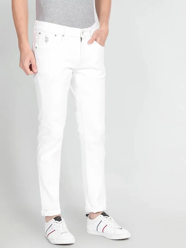 U S POLO solid white slim taper fit denim for men