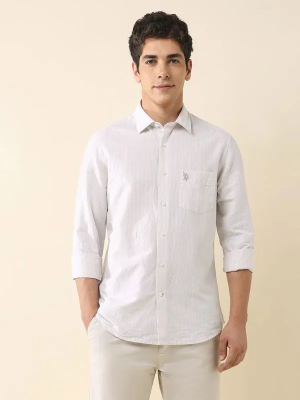 U S POLO striped beige cotton casual wear slim fit shirt