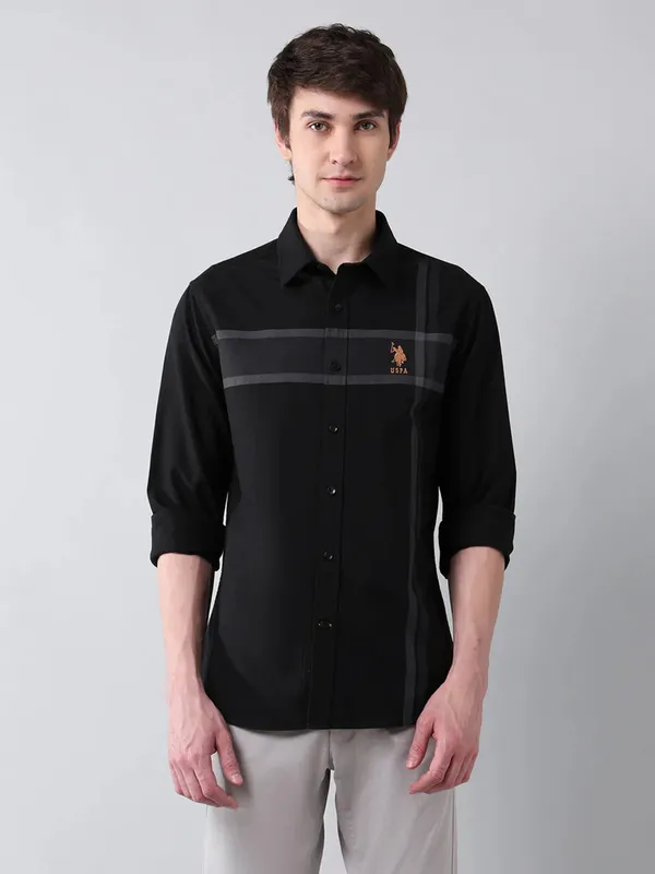 U S POLO striped black slim fit cotton shirt