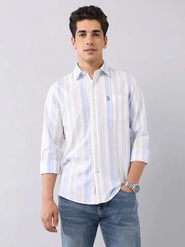 U S POLO striped light blue casual cotton shirt