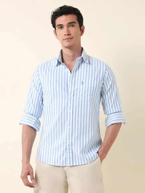 U S POLO striped sky blue casual wear slim fit shirt