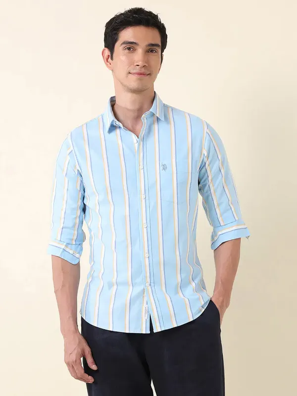 U S POLO striped sky blue cotton shirt for men