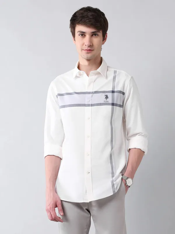 U S POLO striped white casual wear slim fit shirt