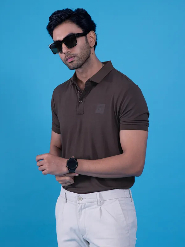U S POLO textured brown cotton tshirt