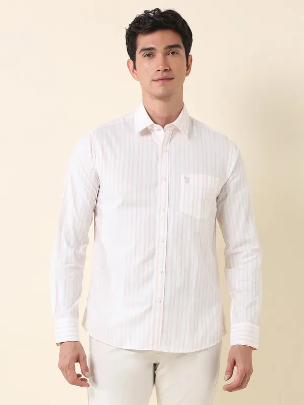 U S POLO white and peach striped mens casual shirt