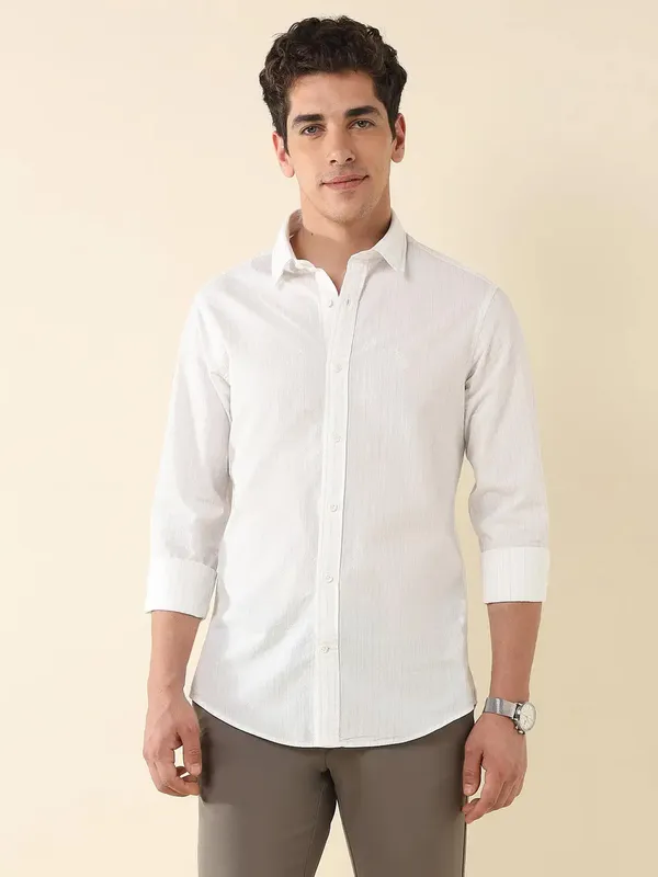 U S POLO white striped casual slim fit shirt