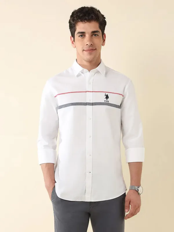 U S POLO white striped patterned slim fit casual shirt