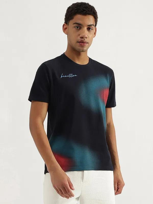 UCB black printed cotton slim fit t-shirt for casual wear