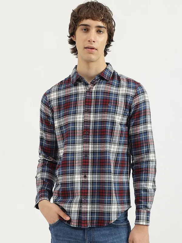 UCB blue and white checked cotton men shirt