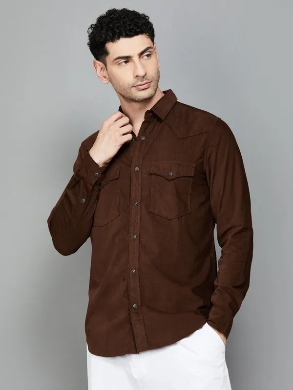 UCB brown plain cotton shirt for men