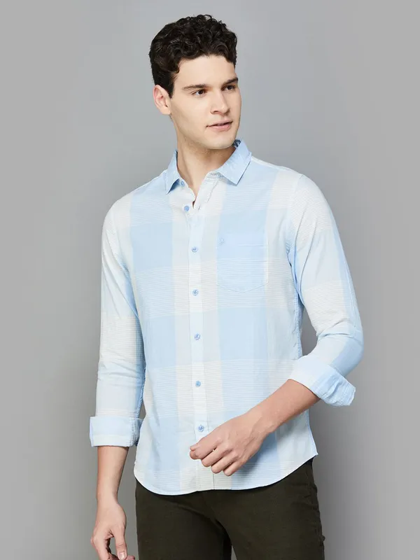 UCB checked sky blue cotton shirt for men