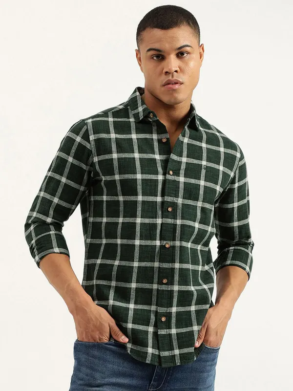 UCB checks green cotton shirt with cutaway collar