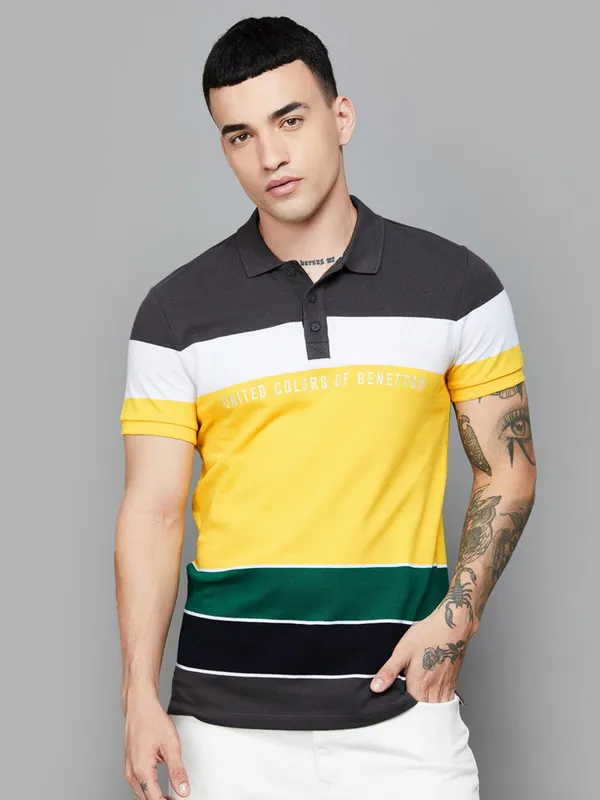 UCB color block pattern yellow cotton slim fit t-shirt