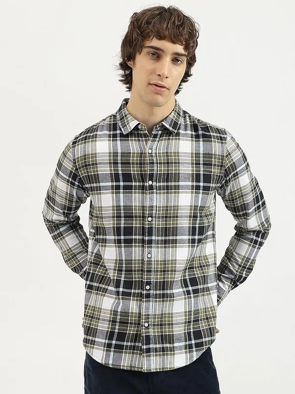 UCB cotton checked olive and white men shirt