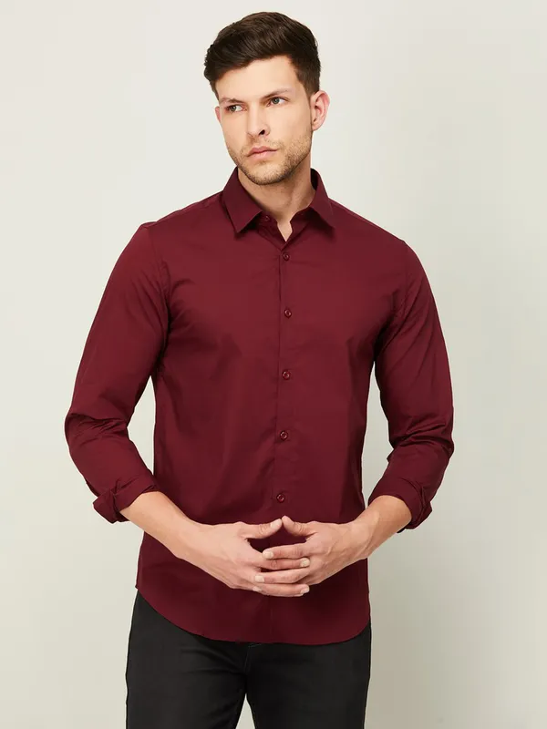 UCB maroon cotton plain full sleeve shirt