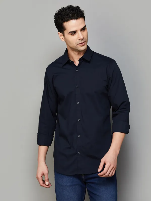 UCB navy blue plain slim fit shirt