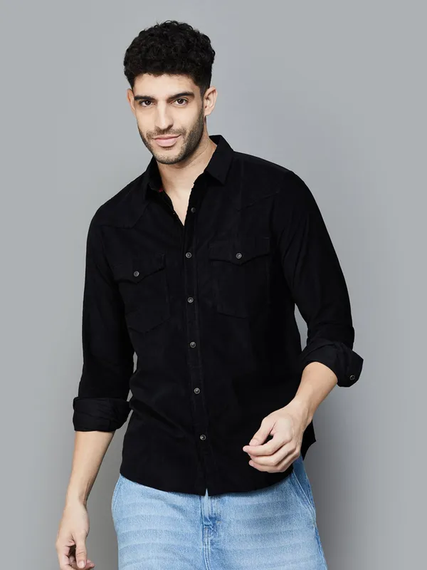 UCB plain black cotton shirt for men