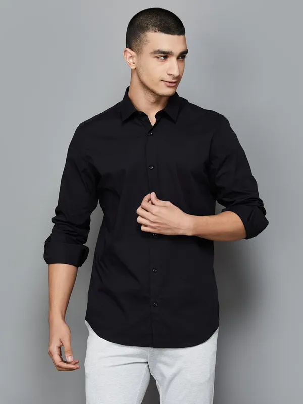 UCB plain black cotton slim fit shirt with cutaway collar