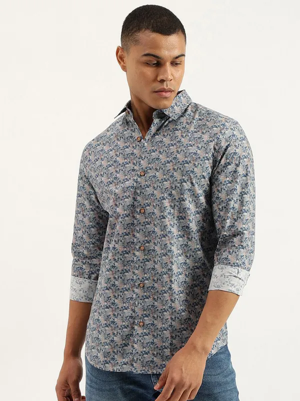 UCB printed grey cotton shirt with cutaway collar