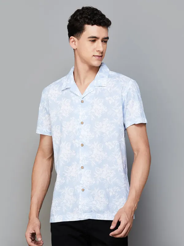 UCB printed light blue cotton half sleeve shirt