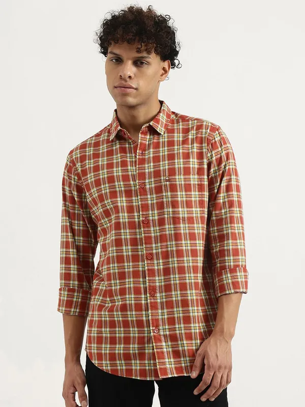 UCB rust orange cotton casual flannel shirt for men