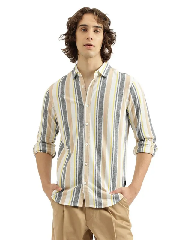 UCB slim fit grey and beige stripped cotton men shirt