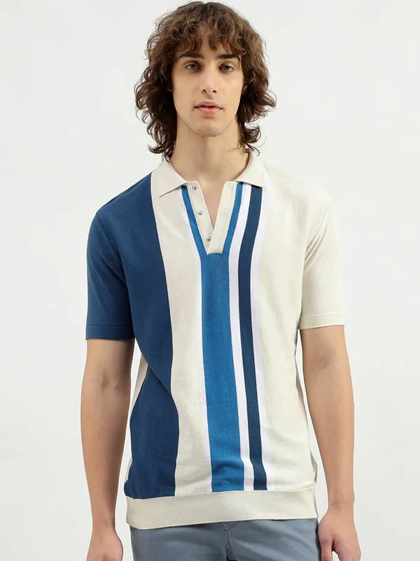 UCB stripe off-white cotton polo neck t-shirt