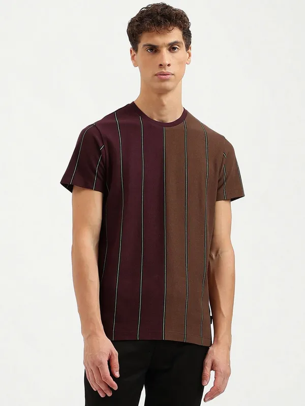 UCB stripe pattern brown cotton slim fit t-shirt