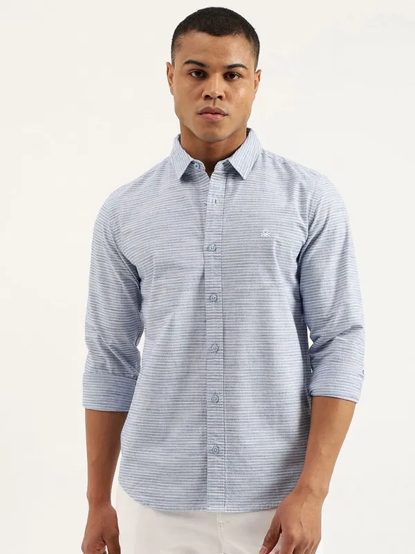 UCB stripe sky blue cotton shirt with cutaway collar