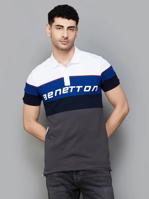 UCB white and blue colour block cotton t-shirt slim fit