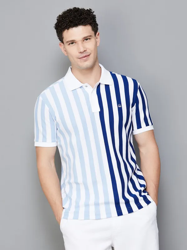 UCB white and blue stripe polo t-shirt
