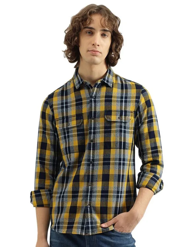 UCB yellow and blue cotton checks shirt for men