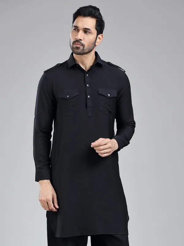 Understated classic black mens pathani kurta