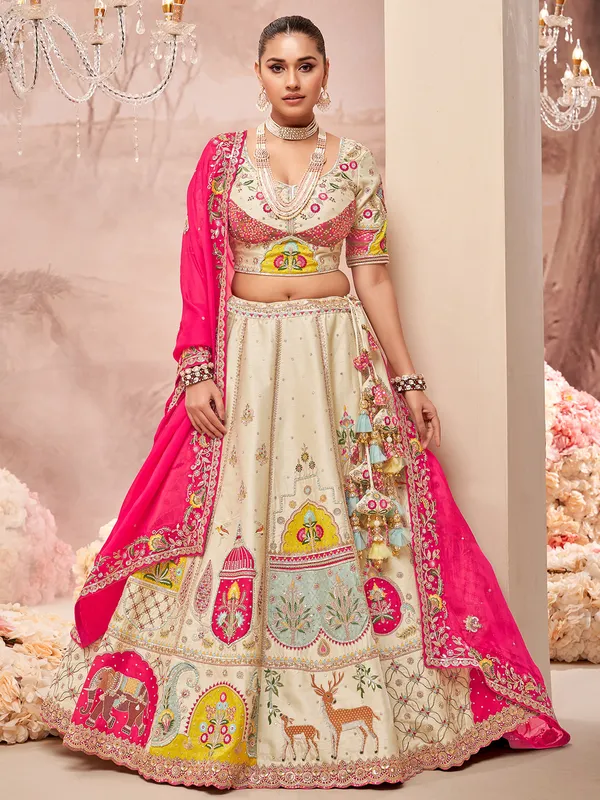 Unique bridal style cream unstitched lehenga choli