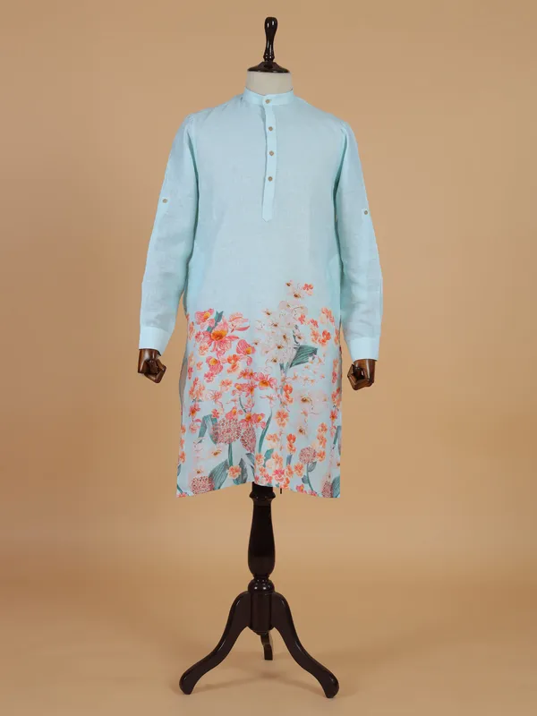 Unique light blue printed cotton kurta set for men