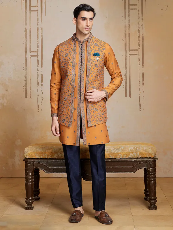 Unique mustard raw silk long waistcoat set for men