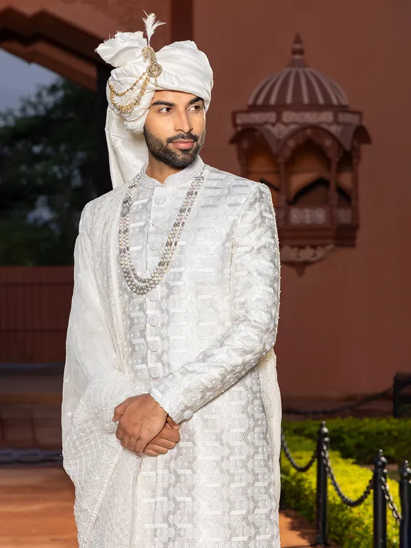 Unique off white raw silk sherwani for groom