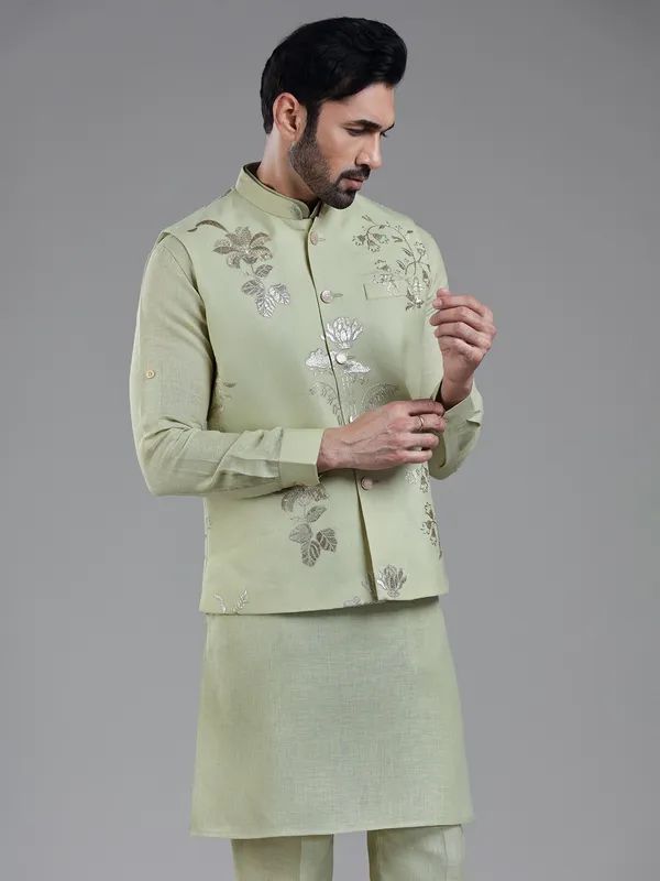 Unique pista green kurta jacket set for men
