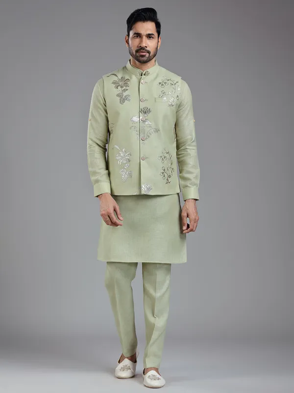Unique pista green kurta jacket set for men