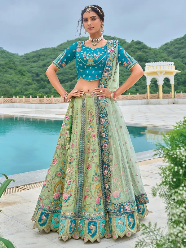 Unique pista green silk lehenga choli